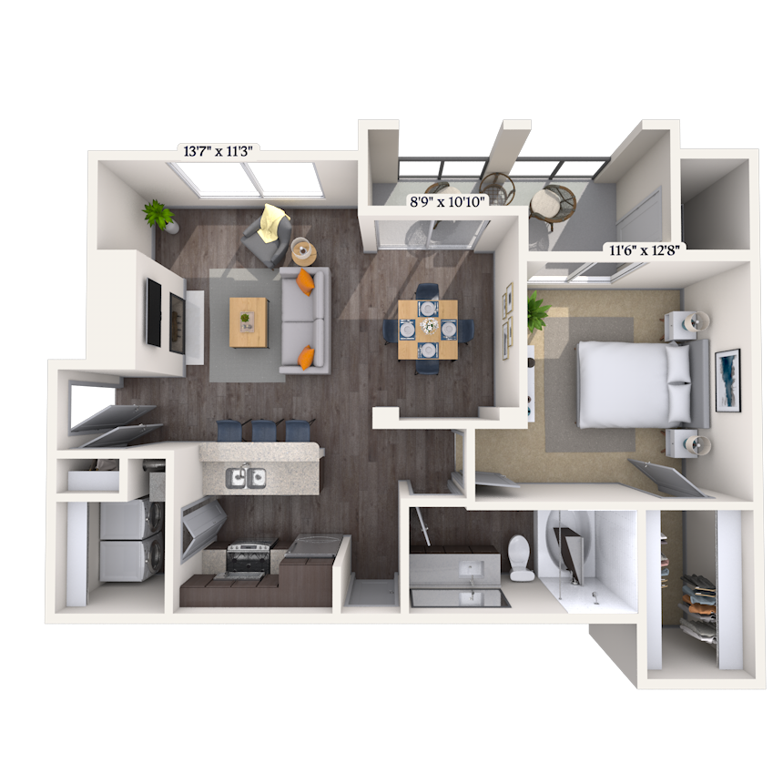 Floor plan for 1 bed, 1 bath, 823 sqft