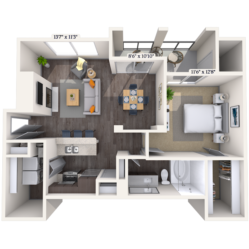Floor plan for 1 bed, 1 bath, 844 sqft