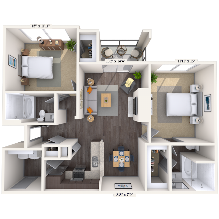Floor plan for 2 beds, 2 baths, 1086 sqft