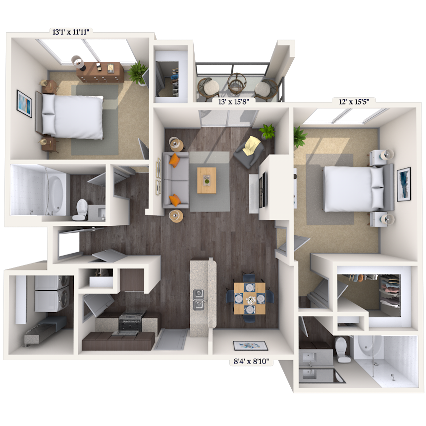 Floor plan for 2 beds, 2 baths, 1129 sqft