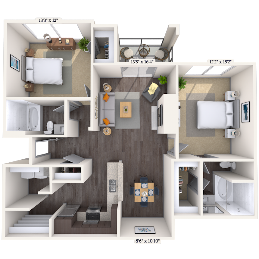 Floor plan for 2 beds, 2 baths, 1175 sqft