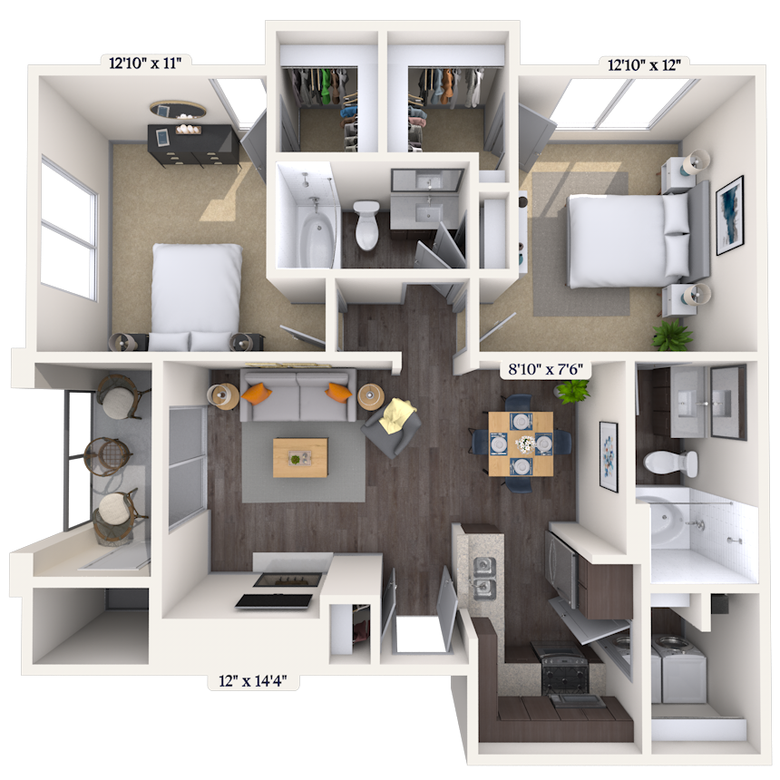 Floor plan for 2 beds, 2 baths, 954 sqft