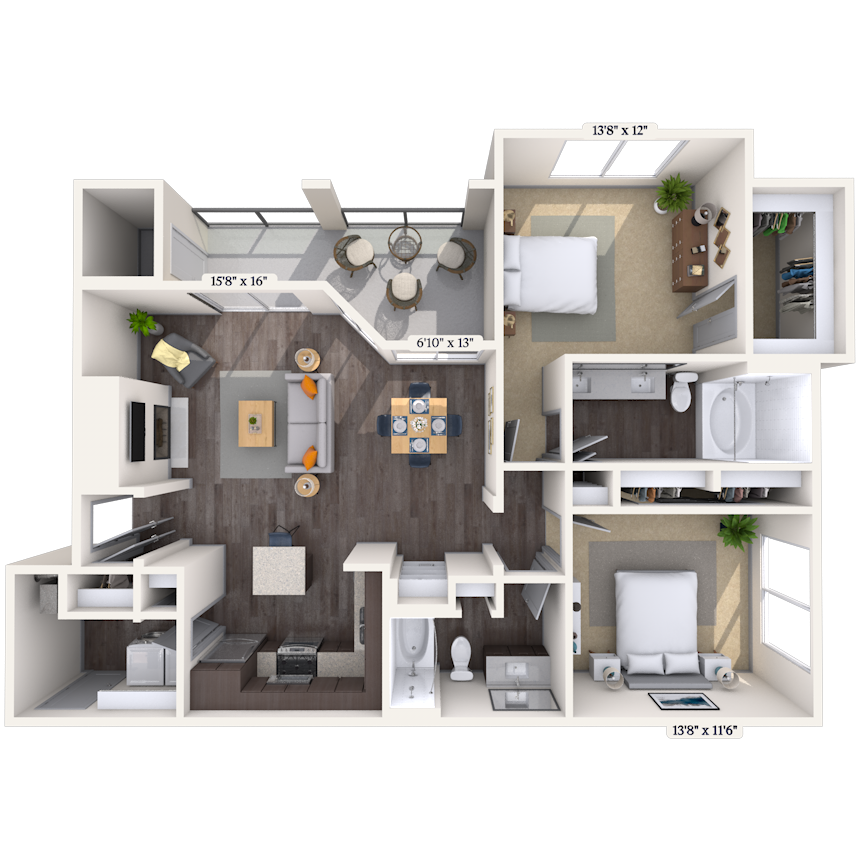 Floor plan for 2 beds, 2 baths, 1196 sqft
