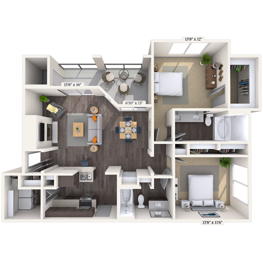Floor plan for 2 beds, 2 baths, 1196 sqft