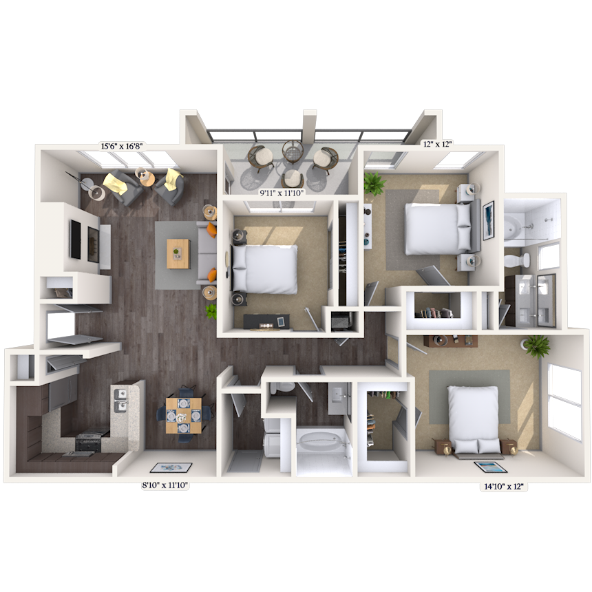 Floor plan for 3 beds, 2 baths, 1341 sqft