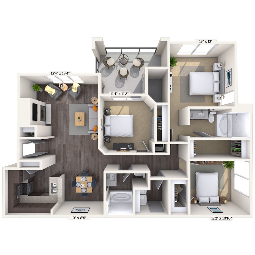 Floor plan for 3 beds, 2 baths, 1362 sqft