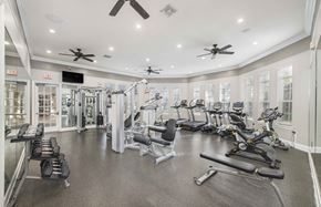 Austin apartment for rent - a gym with weights and cardio machines and ceiling fans