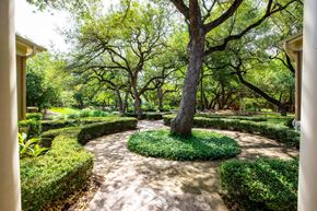 Austin apartment for rent - a view of a courtyard with trees and bushes