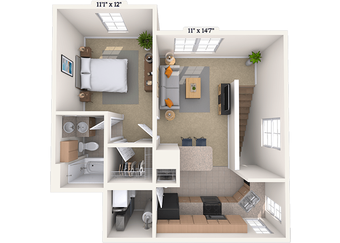 Floor plan for 1 bed, 1 bath, 680 sqft