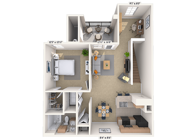 Floor plan for 1 bed, 1 bath, 909 sqft