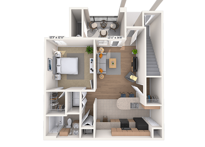 Floor plan for 1 bed, 1 bath, 755 sqft