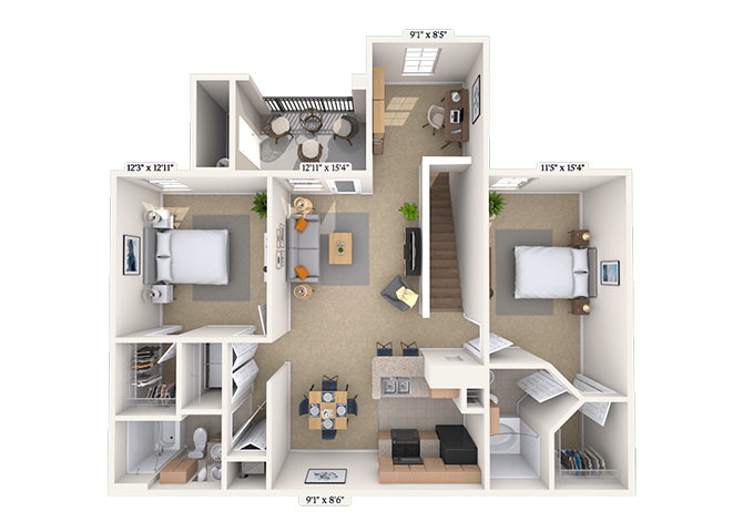 Floor plan for 2 beds, 2 baths, 1211 sqft