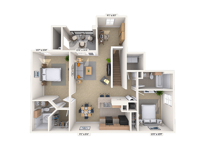 Floor plan for 2 beds, 2 baths, 1234 sqft