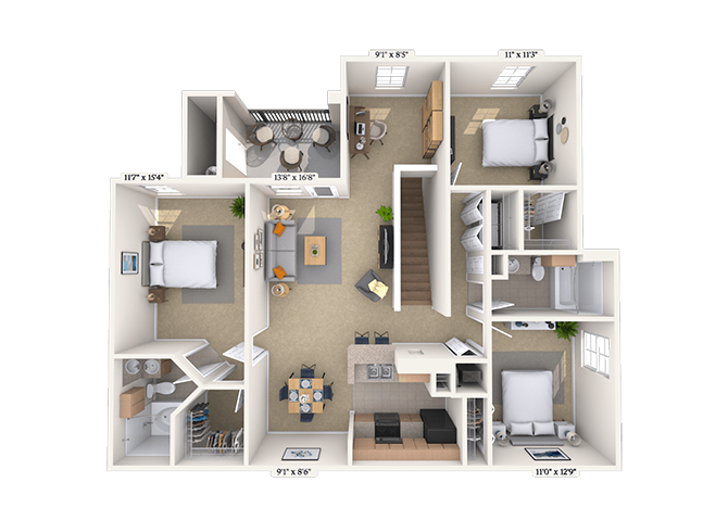 Floor plan for 3 beds, 2 baths, 1410 sqft