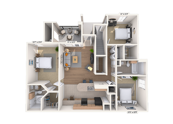 Floor plan for 3 beds, 2 baths, 1265 sqft