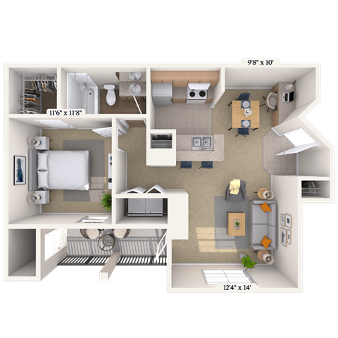 Floor plan for 1 bed, 1 bath, 726 sqft