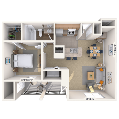 Floor plan for 1 bed, 1 bath, 732 sqft