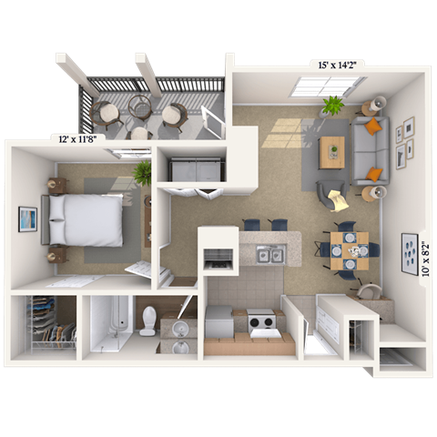Floor plan for 1 bed, 1 bath, 745 sqft