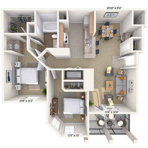 Floor plan for 2 beds, 1 bath, 970 sqft