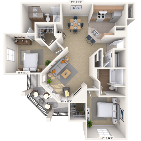 Floor plan for 2 beds, 2 baths, 1137 sqft
