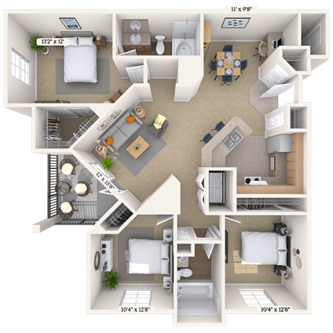 Floor plan for 3 beds, 2 baths, 1273 sqft