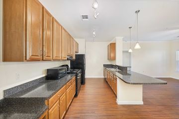 Austin apartment for rent - A kitchen with wooden cabinets and black countertops.