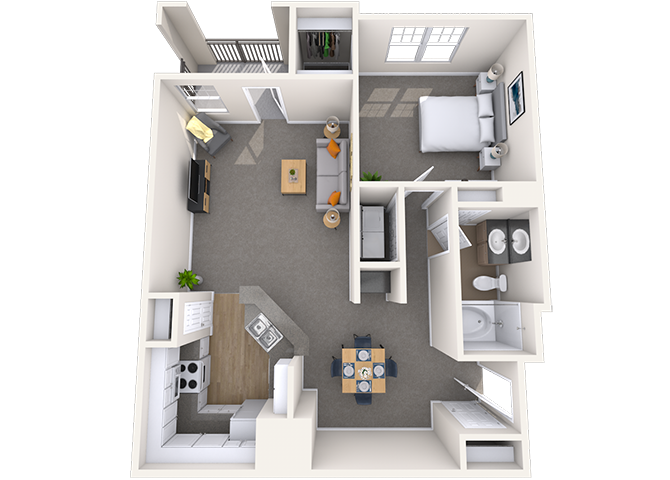 Floor plan for 1 bed, 1 bath, 890 sqft