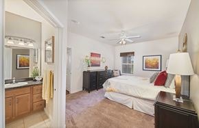 Austin apartment for rent - a bedroom with a bed and a sink and a mirror