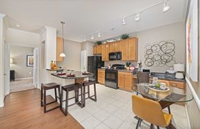Austin apartment for rent - an open kitchen and dining room with a table and chairs