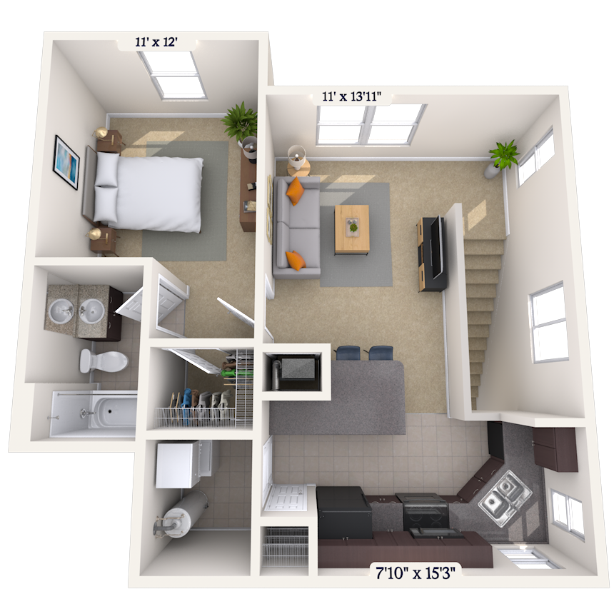 Floor plan for 1 bed, 1 bath, 680 sqft