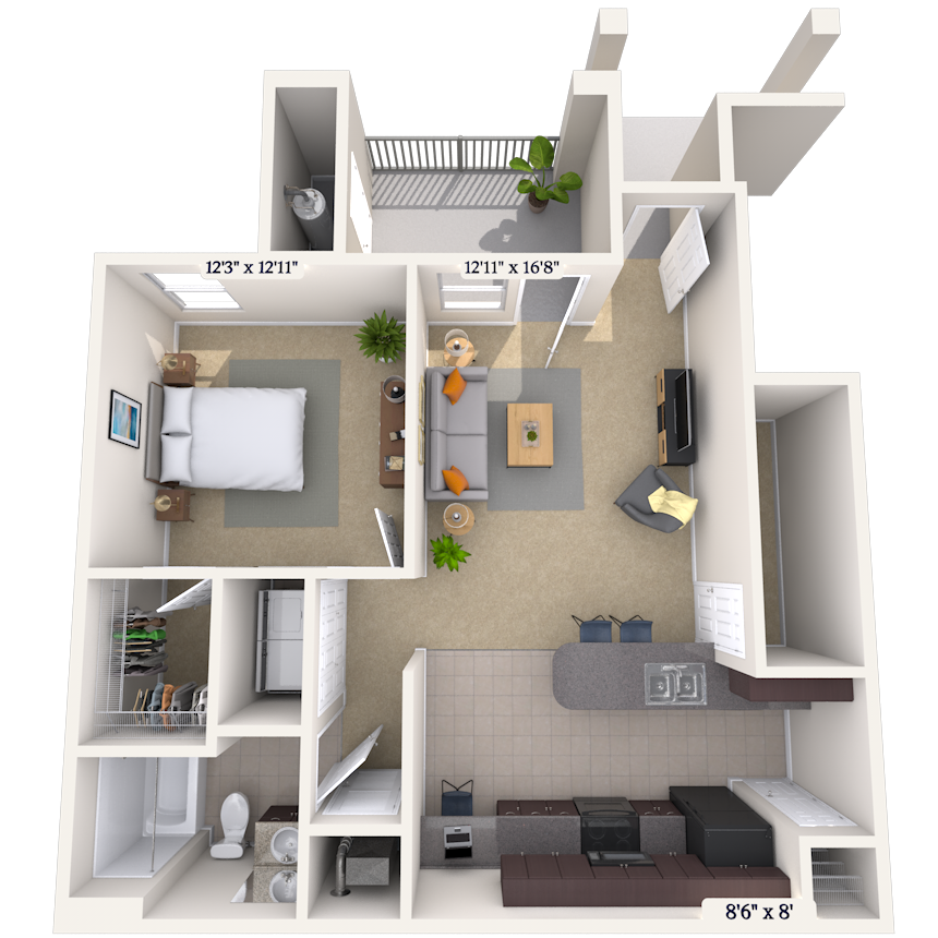 Floor plan for 1 bed, 1 bath, 755 sqft