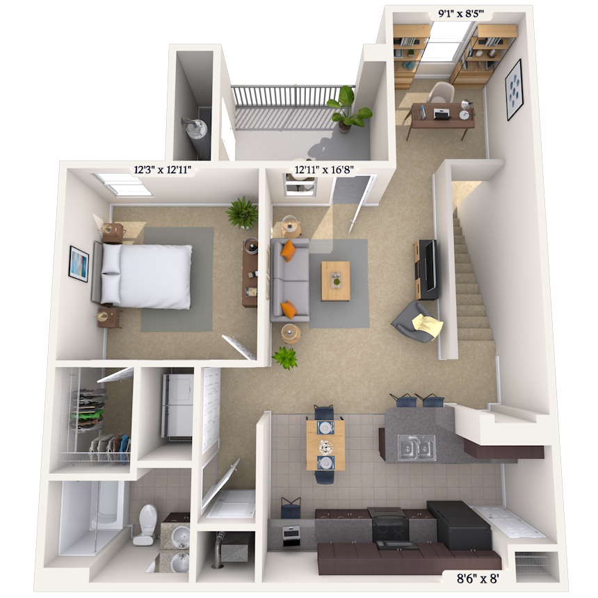 Floor plan for 1 bed, 1 bath, 909 sqft