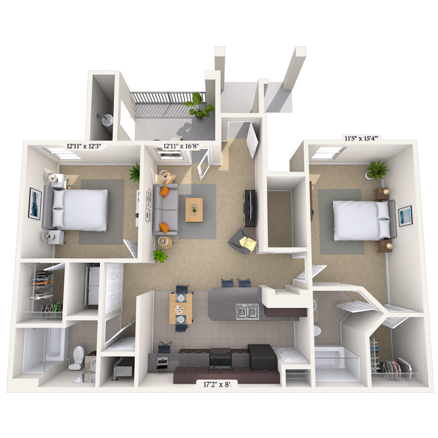 Floor plan for 2 beds, 2 baths, 1062 sqft