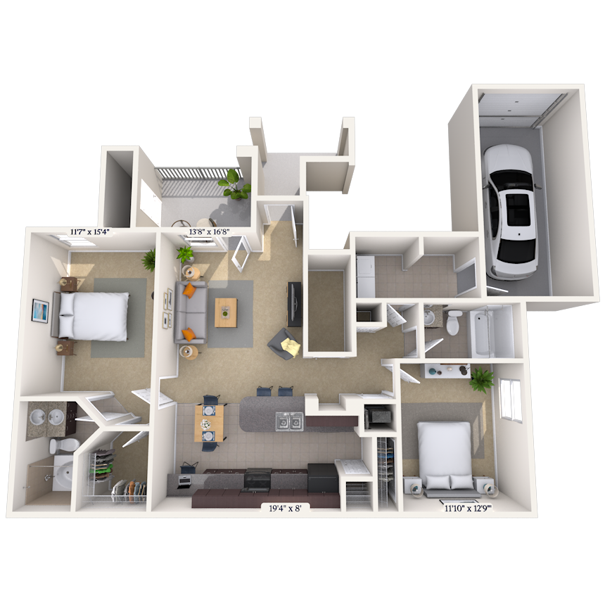 Floor plan for 2 beds, 2 baths, 1116 sqft