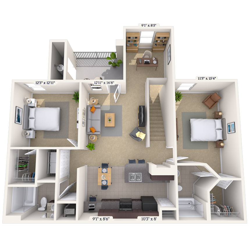 Floor plan for 2 beds, 2 baths, 1211 sqft