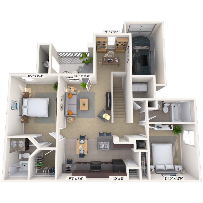 Floor plan for 2 beds, 2 baths, 1234 sqft