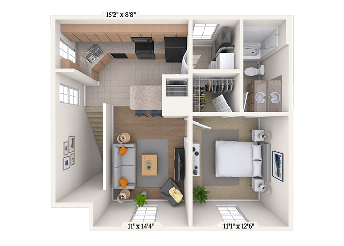 Floor plan for 1 bed, 1 bath, 715 sqft