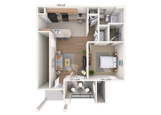 Floor plan for 1 bed, 1 bath, 755 sqft