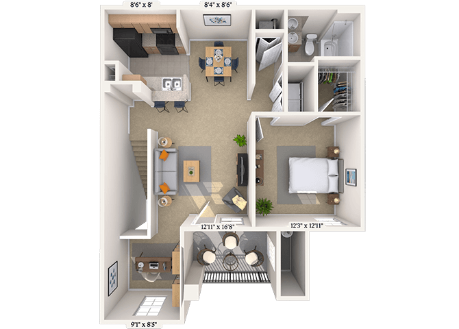 Floor plan for 1 bed, 1 bath, 909 sqft
