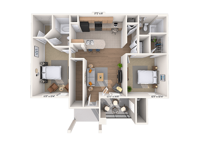 Floor plan for 2 beds, 2 baths, 1061 sqft