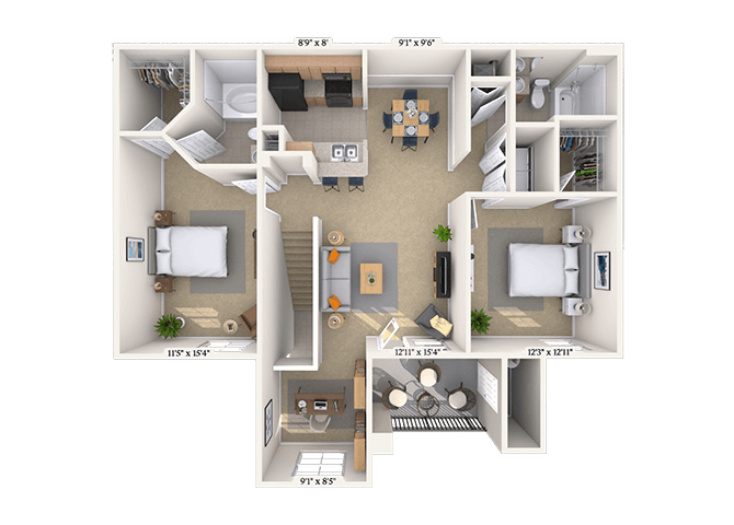Floor plan for 2 beds, 2 baths, 1211 sqft