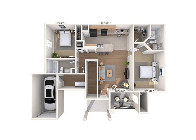 Floor plan for 2 beds, 2 baths, 1083 sqft
