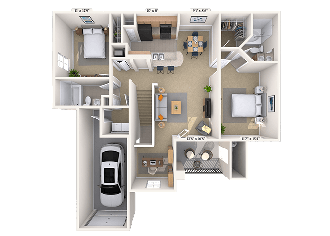 Floor plan for 2 beds, 2 baths, 1234 sqft