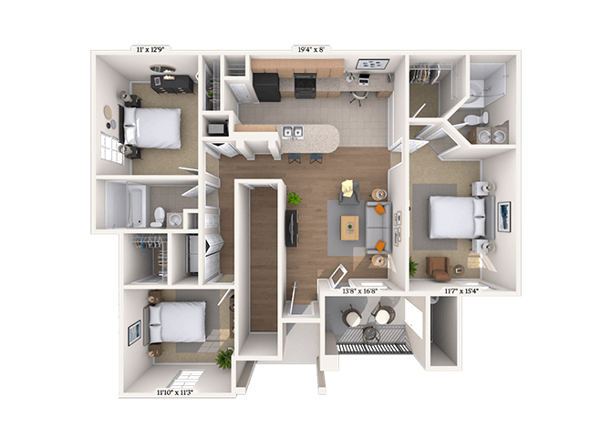 Floor plan for 3 beds, 2 baths, 1265 sqft