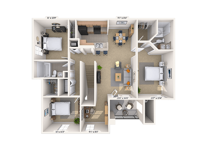 Floor plan for 3 beds, 2 baths, 1410 sqft