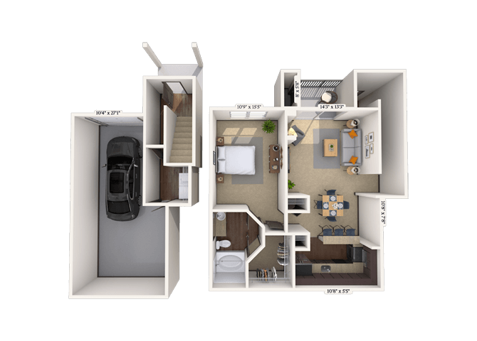Floor plan for 1 bed, 1 bath, 901 sqft