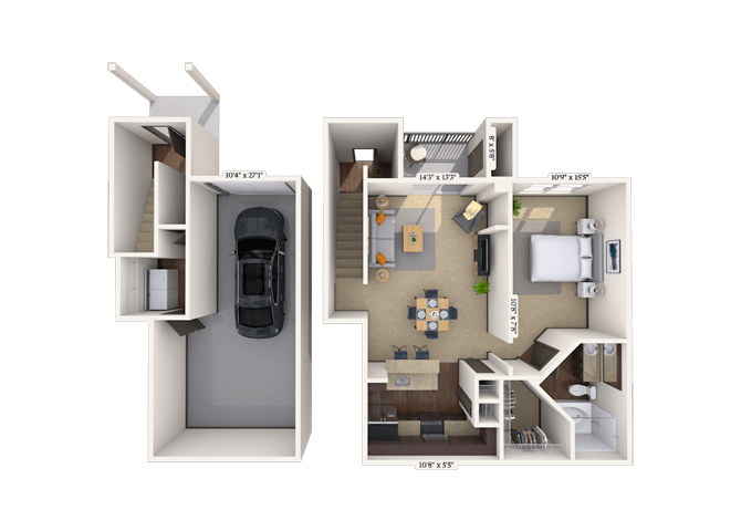 Floor plan for 1 bed, 1 bath, 931 sqft