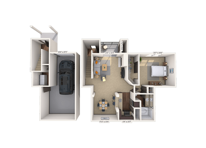 Floor plan for 1 bed, 1 bath, 1033 sqft