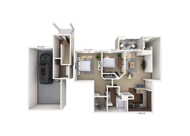 Floor plan for 1 bed, 1 bath, 1037 sqft
