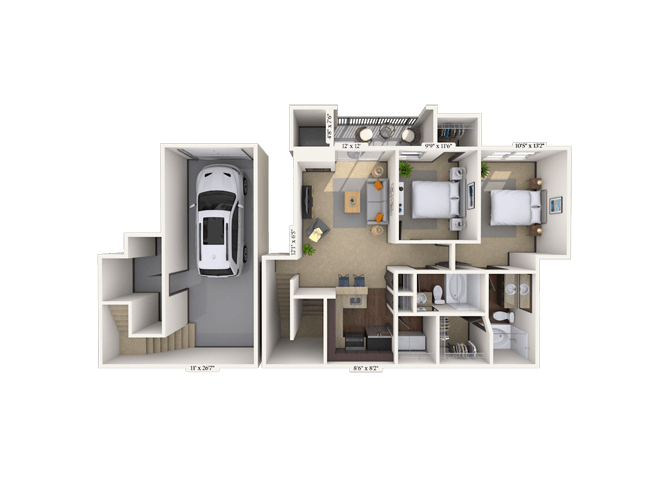 Floor plan for 2 beds, 2 baths, 1028 sqft